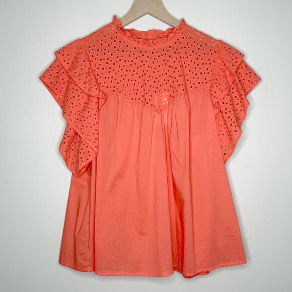 A New Day‎ Womens Blouse XL Orange Coral Eyelet Sheer Light Ruffle Summer Boho - Picture 1 of 11